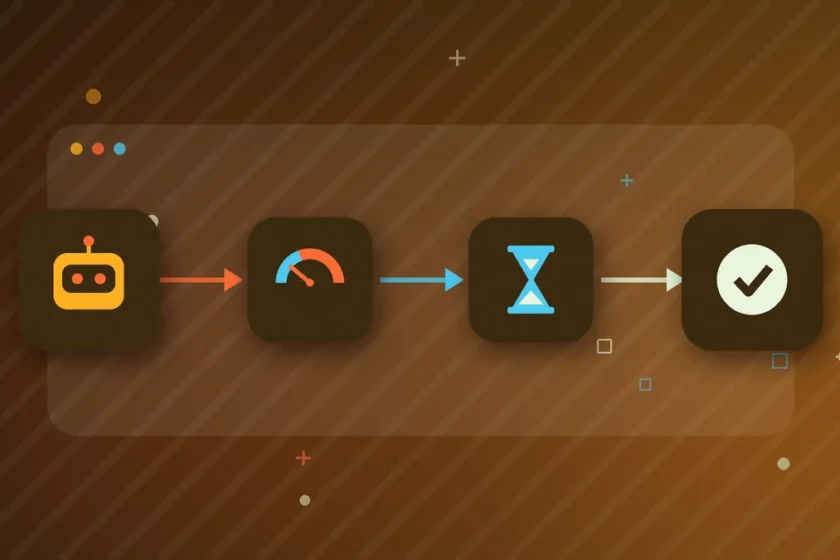 Illustration: a bot icon, a usage gauge, an hourglass and a check mark linked by arrows on an amber background