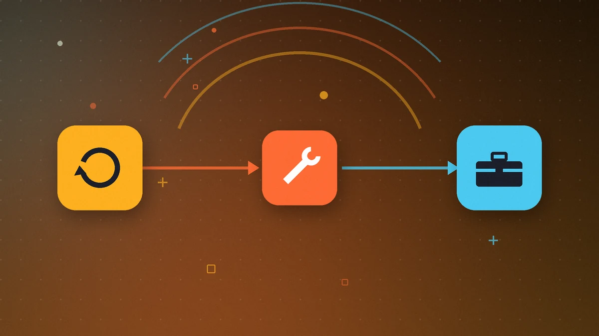 Illustration: a retry arrow, a wrench and a toolbox in a chain, from the gentle step to the heavy tools