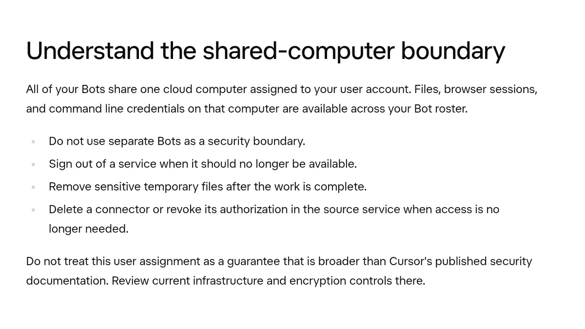 Screenshot of the official Grok Bot documentation: the section on the shared computer boundary, recommending not to use separate bots as a security boundary