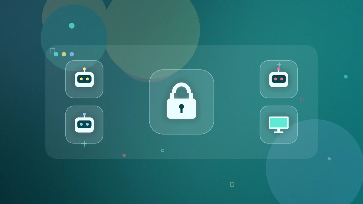 Illustration: one padlock in the center, surrounded by three bots and a shared computer
