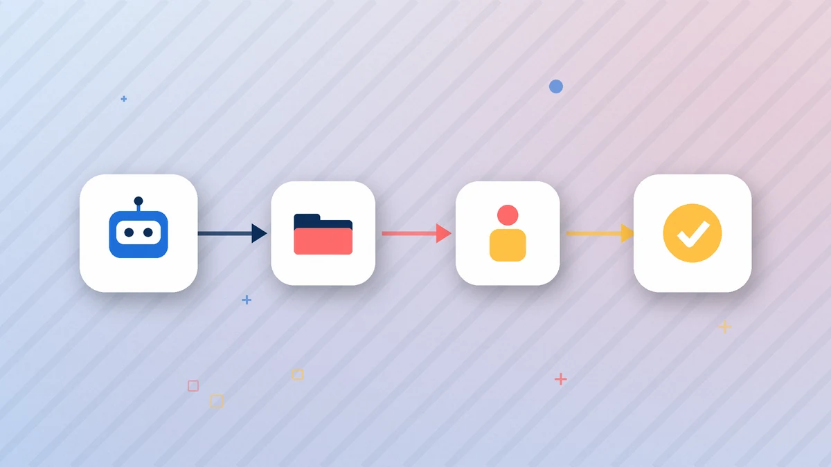 Illustration: a bot prepares a folder, a geometric figure approves it, and a check mark ends the chain