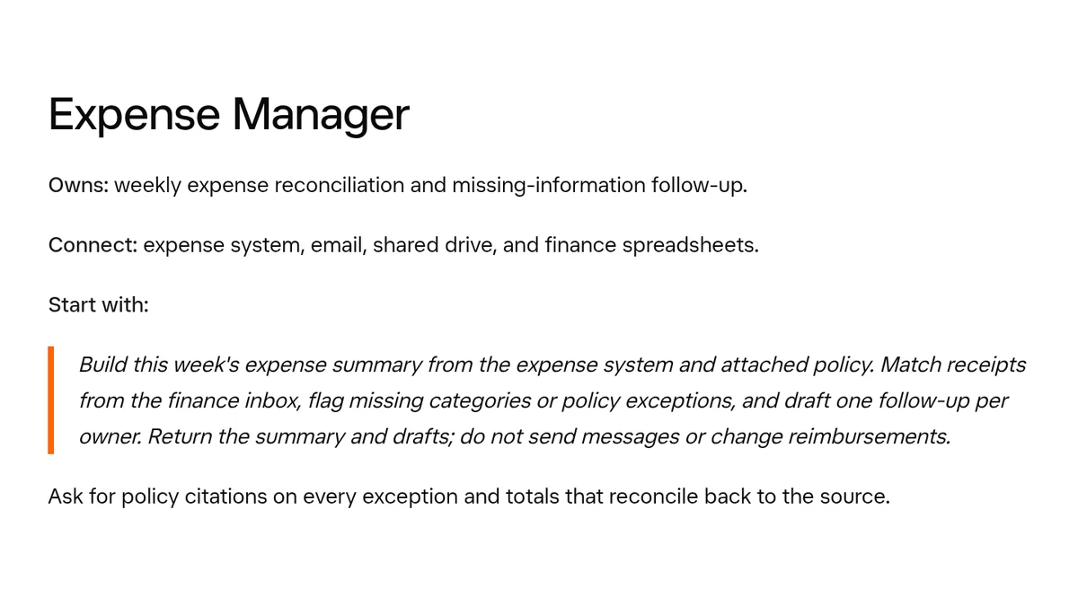 Screenshot of the use cases page in the official Grok Bot documentation: the Expense Manager role and its suggested first task