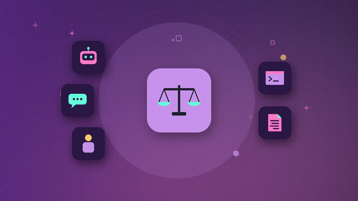 Illustration: a balance scale in the center surrounded by bot, chat, person, terminal and document icons on a purple background