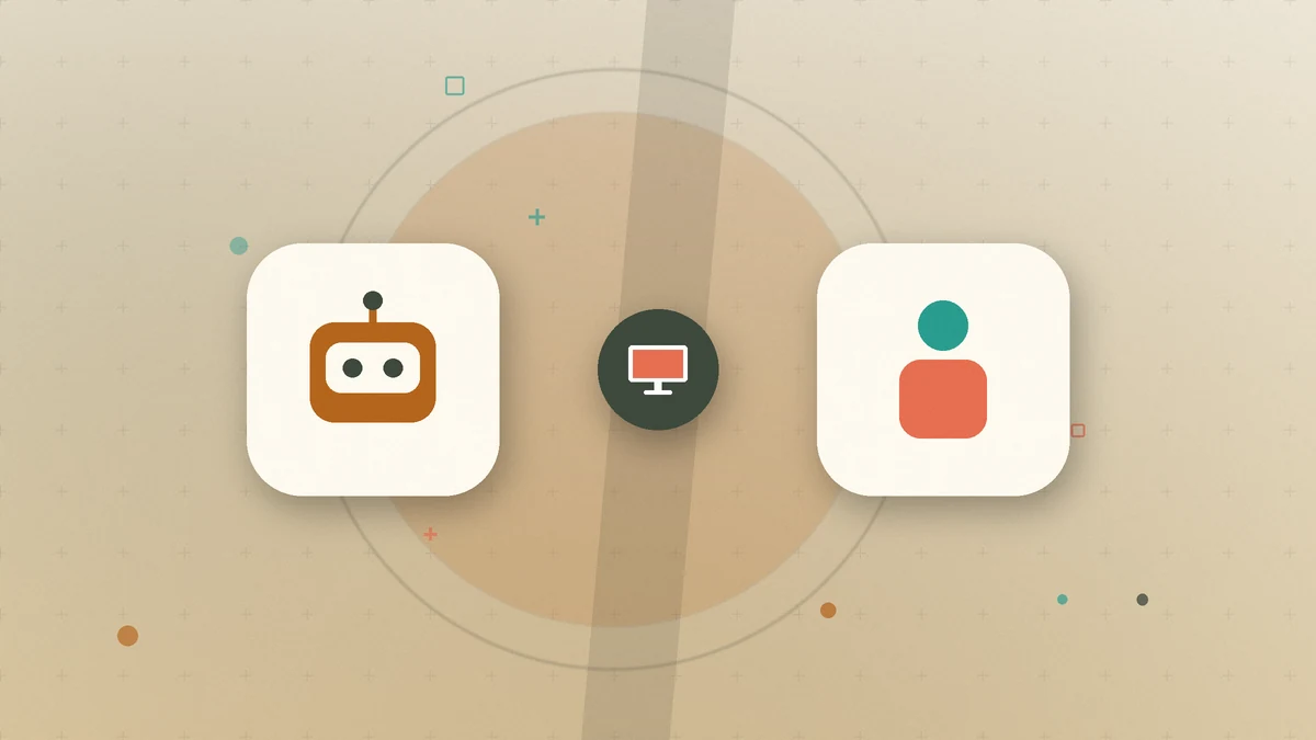 Illustration: a bot facing a simple geometric character with a computer in the middle, a team versus a personal assistant