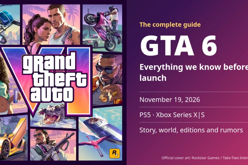 Official GTA VI cover art beside the title GTA 6, everything we know before launch: November 19, 2026, PS5 and Xbox Series X|S
