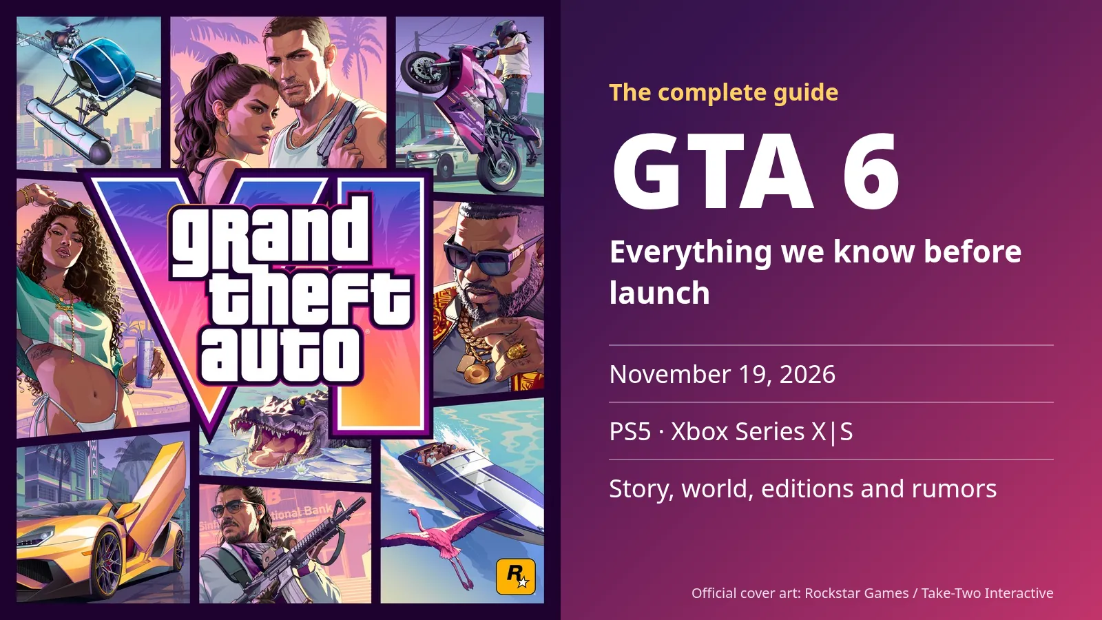 Official GTA VI cover art beside the title GTA 6, everything we know before launch: November 19, 2026, PS5 and Xbox Series X|S