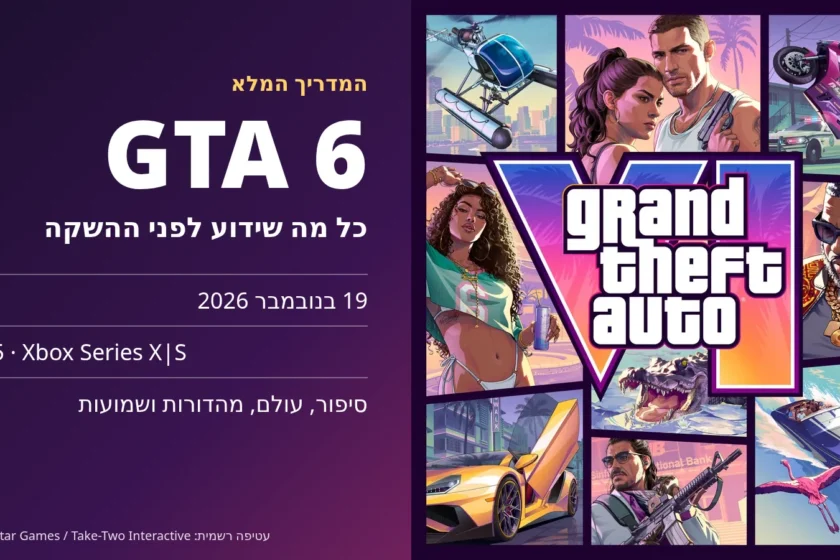 עטיפת GTA VI הרשמית לצד הכותרת GTA 6, כל מה שידוע לפני ההשקה: 19 בנובמבר 2026, PS5 ו־Xbox Series X|S