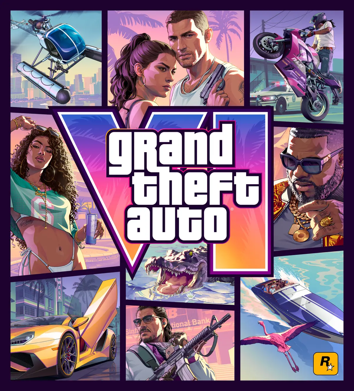 איור העטיפה הרשמי של Grand Theft Auto VI עם ג׳ייסון ולוסיה ולוגו המשחק