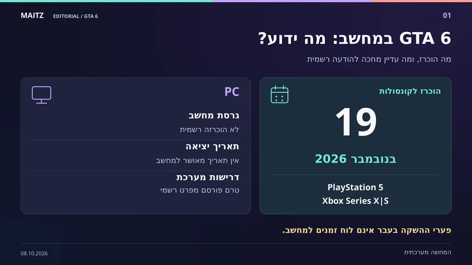 גרפיקה המשווה בין ההשקה המוכרזת של GTA 6 ל־PS5 ול־Xbox Series X|S ב־19 בנובמבר 2026, לבין גרסת מחשב ללא הכרזה, תאריך או דרישות מערכת רשמיות.
