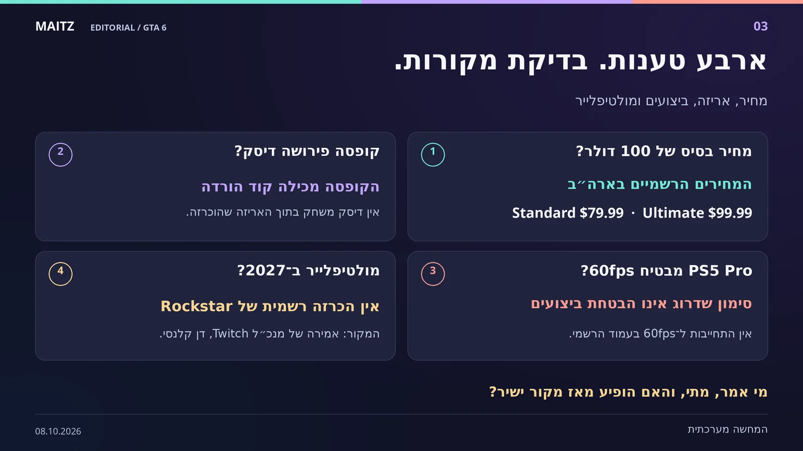 ארבע בדיקות: Standard ב־79.99 דולר ו־Ultimate ב־99.99 דולר בארה״ב; קוד הורדה בקופסה; אין הבטחת 60fps בעמוד הרשמי; אמירת דן קלנסי על 2027 אינה הכרזת Rockstar.