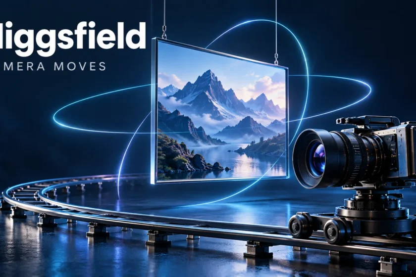 Higgsfield Camera Moves illustration with a camera track and a landscape panel