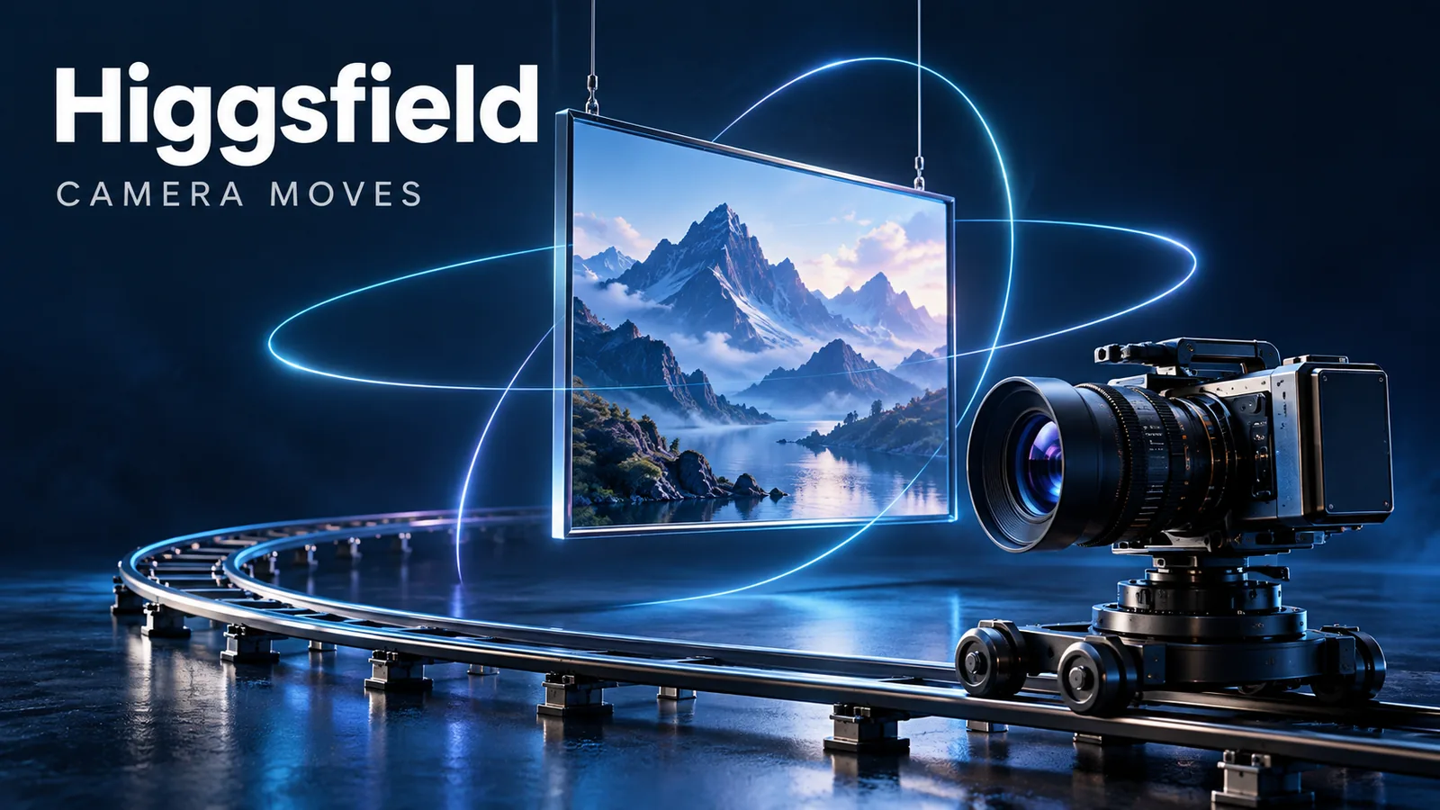 Higgsfield Camera Moves illustration with a camera track and a landscape panel