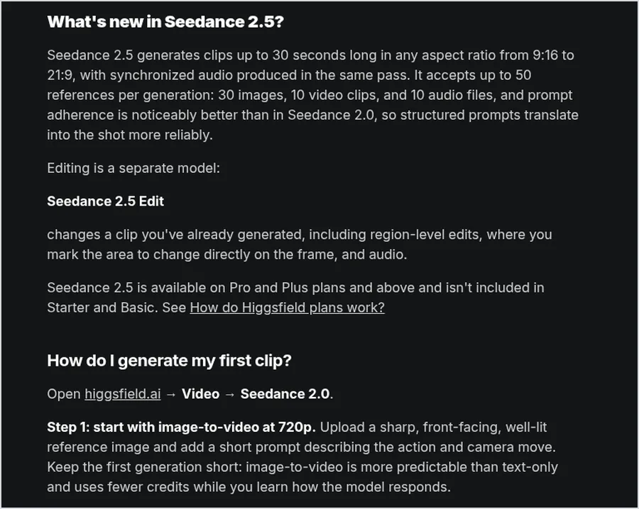 Screenshot of Higgsfield's official Seedance help article: what's new in Seedance 2.5 and step 1 of generating a first clip from an image at 720p