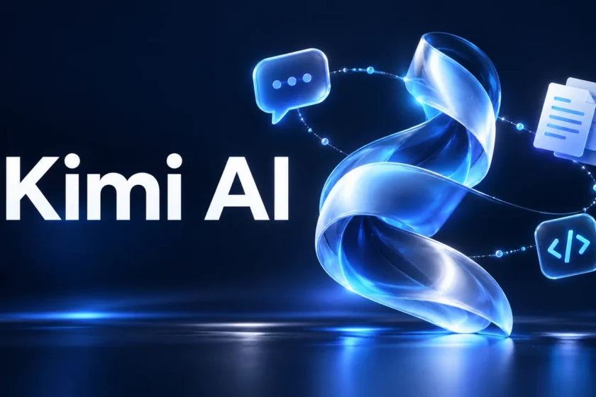 Kimi AI editorial illustration with a glowing blue ribbon and chat, document, and code icons