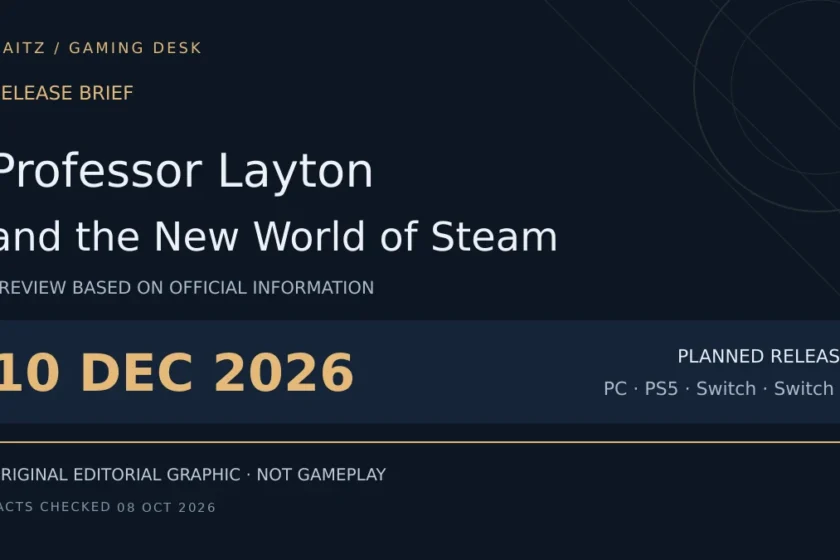 Editorial release brief for Professor Layton and the New World of Steam: December 10, 2026; PC · PS5 · Switch · Switch 2