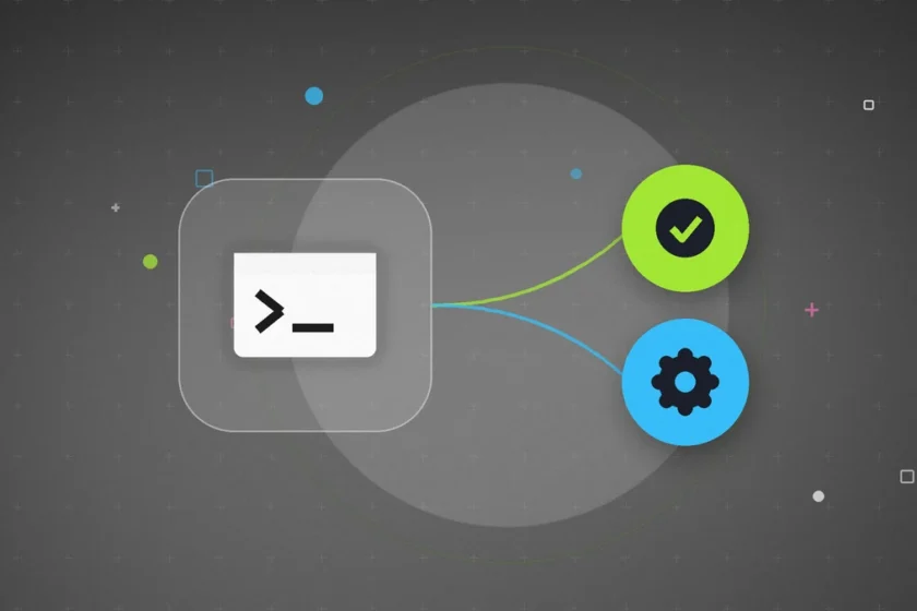 Illustration: a glowing terminal window linked to a check mark and a gear, on a black background