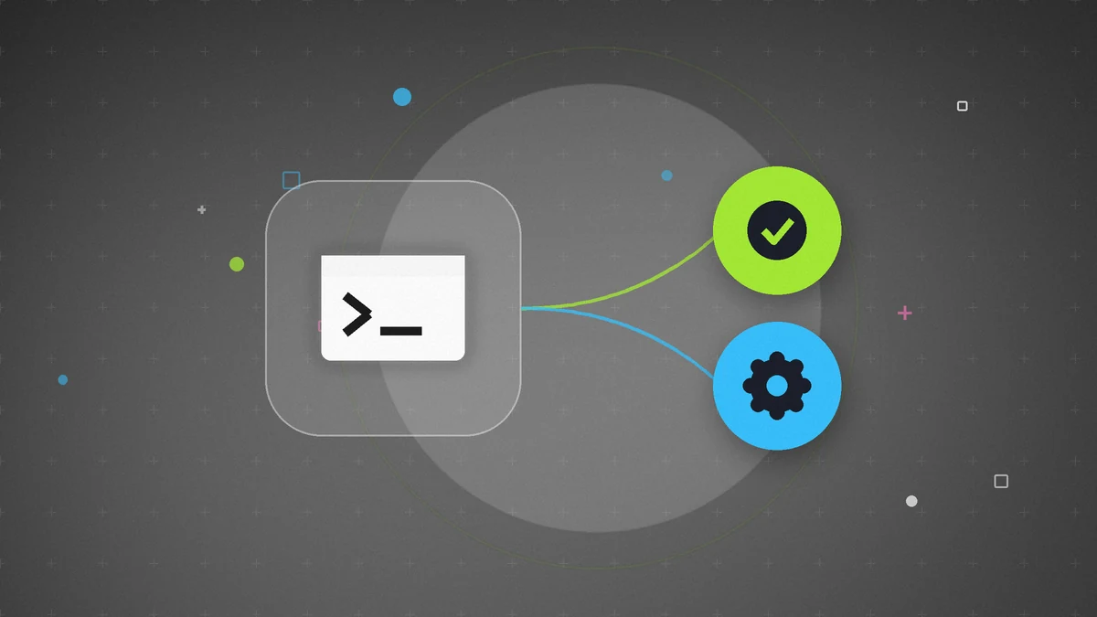 Illustration: a glowing terminal window linked to a check mark and a gear, on a black background