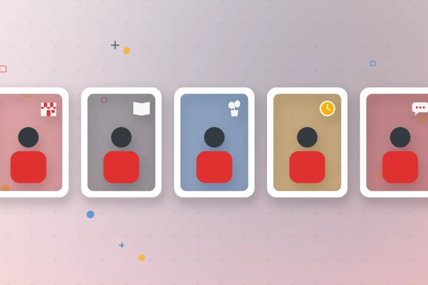 Illustration: the same simple geometric character in five frames with different background colors, each with a small symbol of a different place