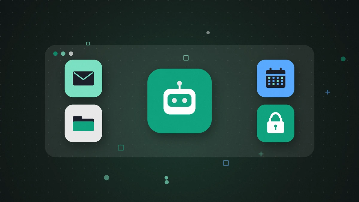 Illustration: an AI assistant tile in the center, linked by dashed lines to mail, a folder, a calendar and a padlock