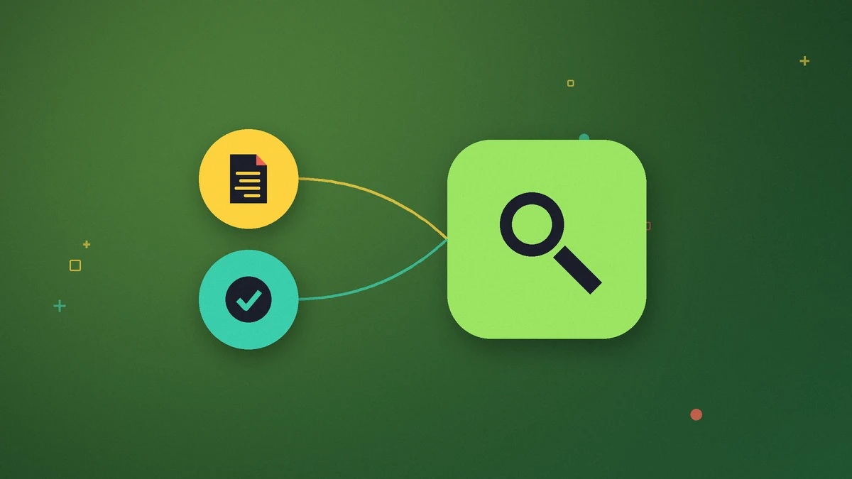 Illustration: a large magnifying glass linked to a document and a check mark, on a dark green background