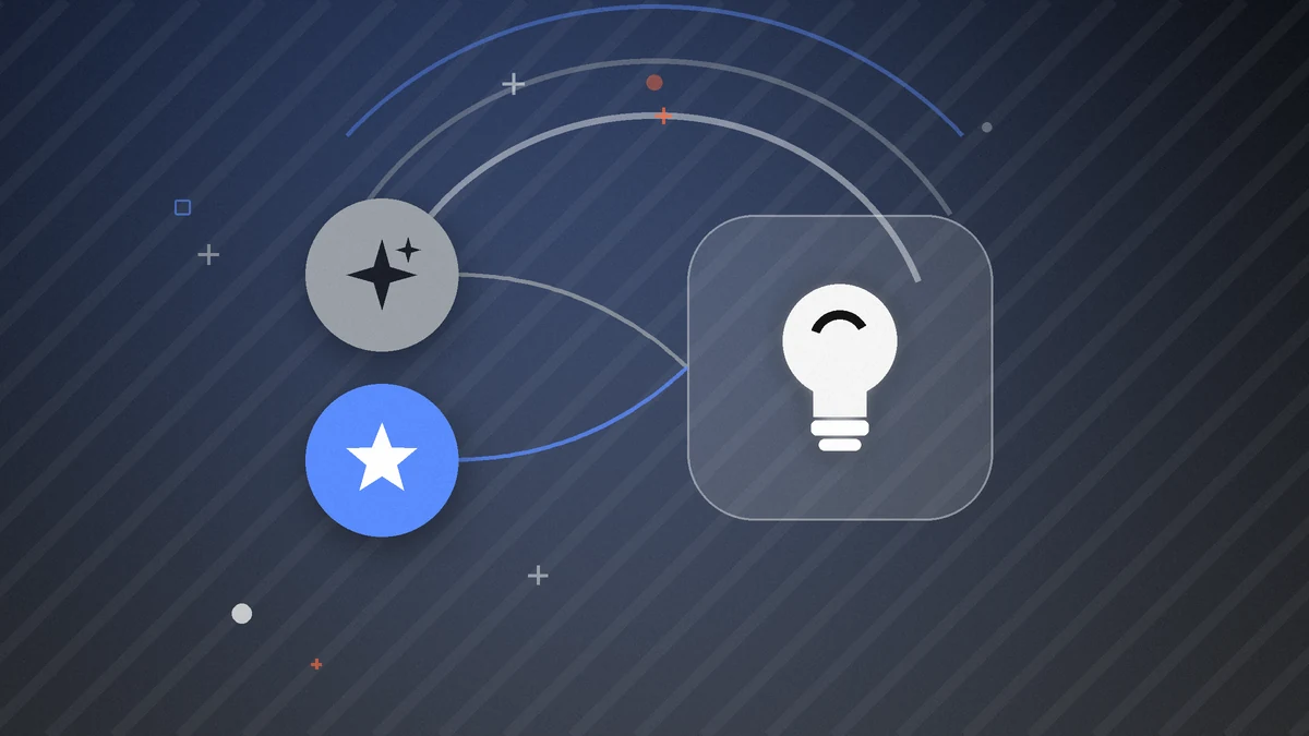 Illustration: a large glowing light bulb linked to a sparkle and a star, on a black background