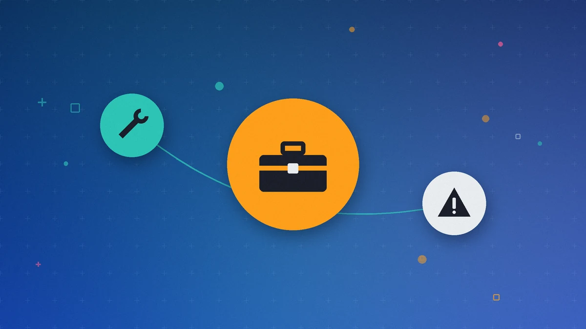 Illustration: a round toolbox linked to a wrench and a warning sign, on a deep blue background