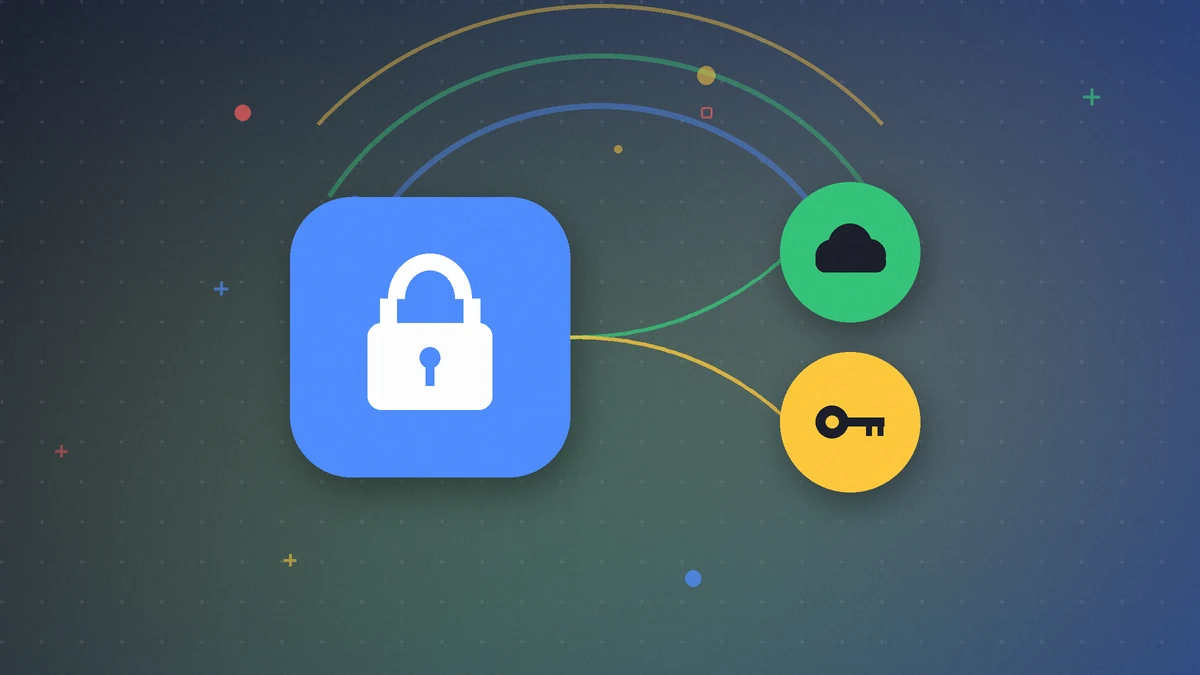 Illustration: a large padlock linked to a cloud and a key, on a dark blue background