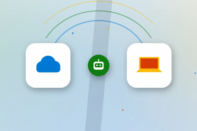 Illustration: a shared cloud facing a personal laptop, with a small bot in the middle