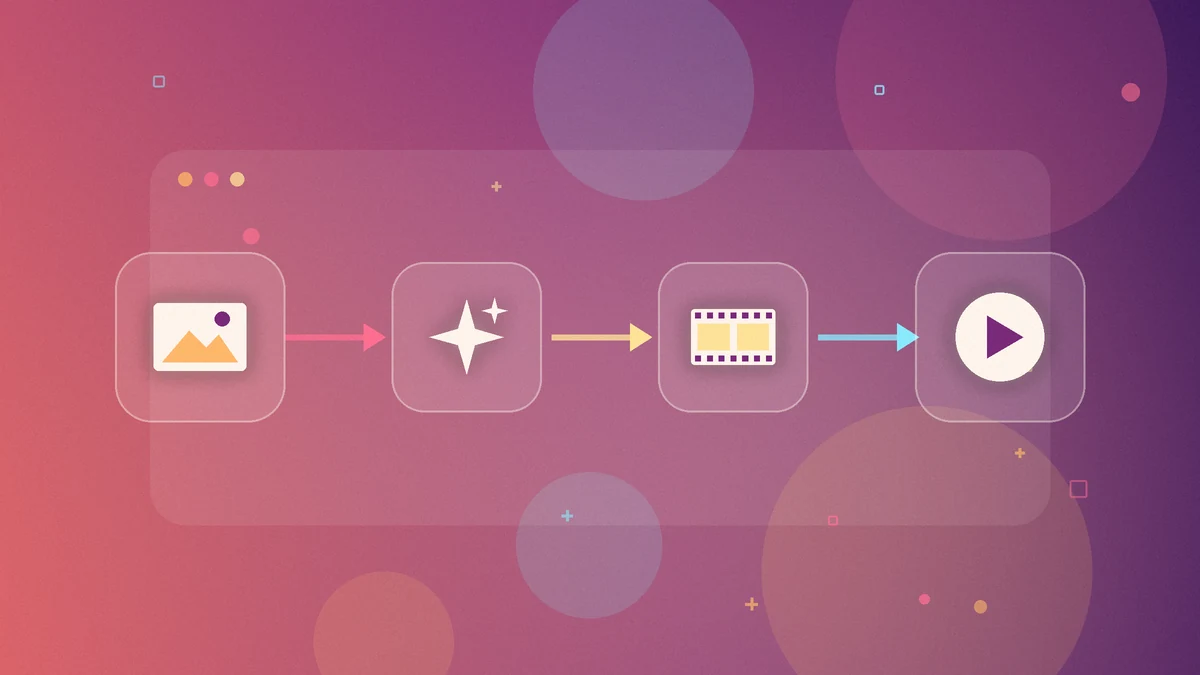 Illustration: a still image turning through a sparkle into a film strip and a play button, on a purple-pink sunset background