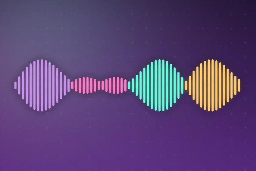 Illustration: glowing colorful sound-wave bars on a dark purple background