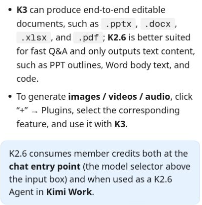קטע מתיעוד Kimi.com: קובצי Word, Excel ומצגות ב־K3, לעומת תשובות טקסט ב־K2.6