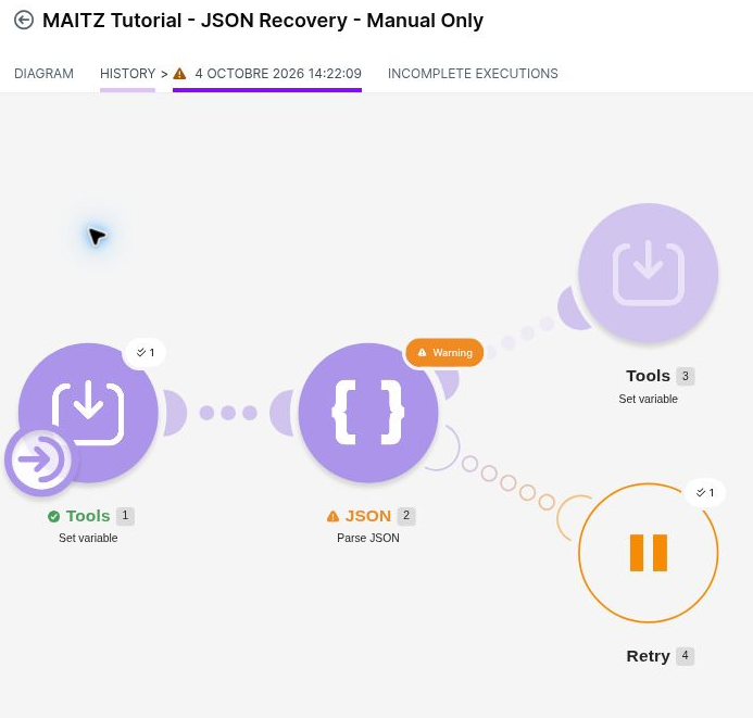 פרטי ההרצה ב־History עם אזהרת JSON ומסלול Retry