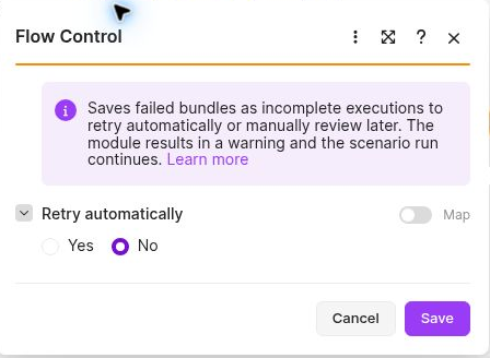Retry automatically מוגדר No במסלול הטיפול בשגיאה