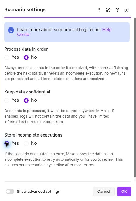 Store incomplete executions מוגדר Yes בהגדרות התרחיש