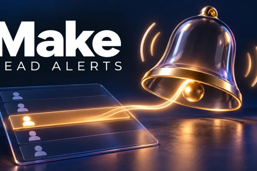Editorial illustration of a new lead row triggering an alert with Make