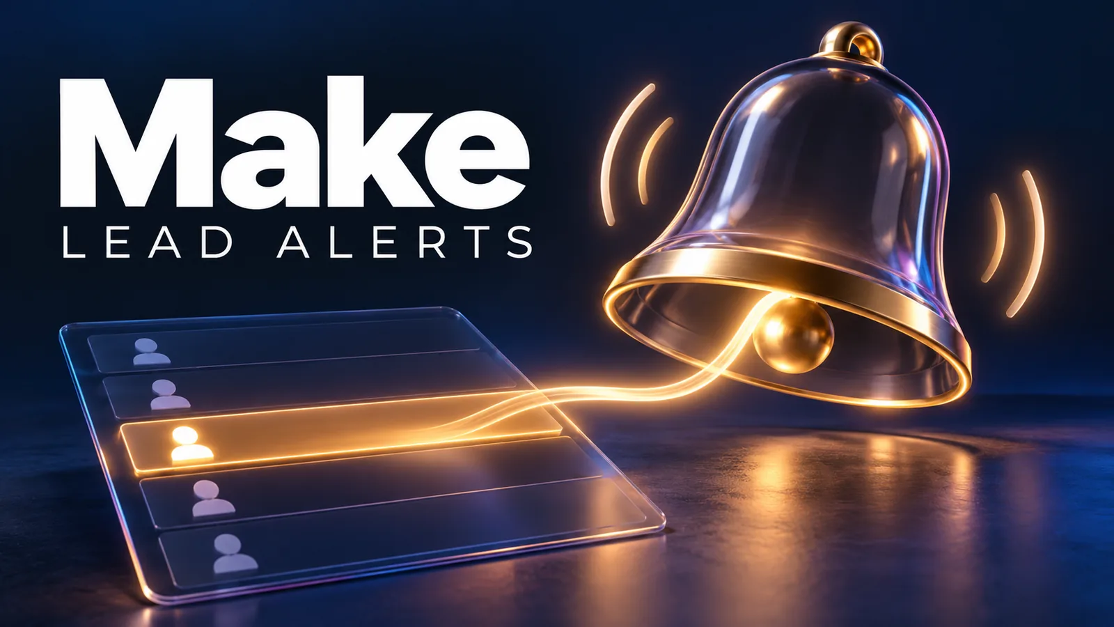 Editorial illustration of a new lead row triggering an alert with Make