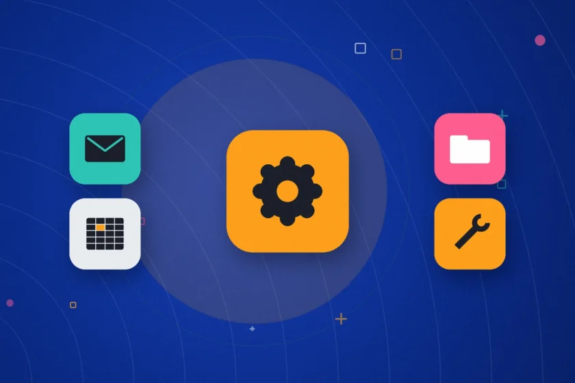Illustration: a central gear beside mail, spreadsheet, folder and wrench icons, representing small-business automations and their upkeep