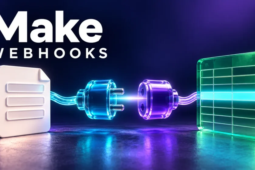 Editorial illustration of a form connected to a sheet through a webhook in Make