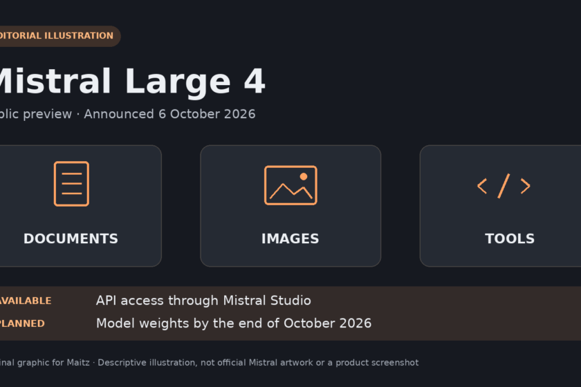 Mistral Large 4 illustration with document, image and software-tool symbols, distinguishing current API access from model weights planned for late October 2026.