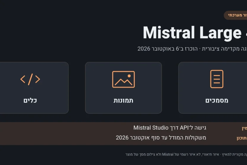 Mistral Large 4 עם סמלי מסמך, תמונה וכלי תוכנה. גישה ל־API זמינה דרך Mistral Studio, והמשקולות מתוכננות לסוף אוקטובר 2026