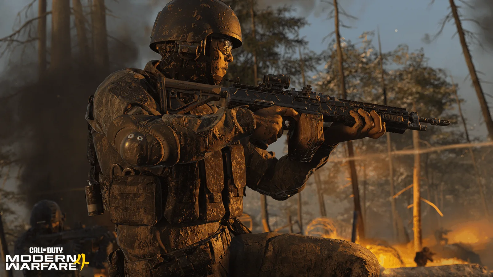 A camouflaged soldier aims a rifle in a burning woodland campaign scene.