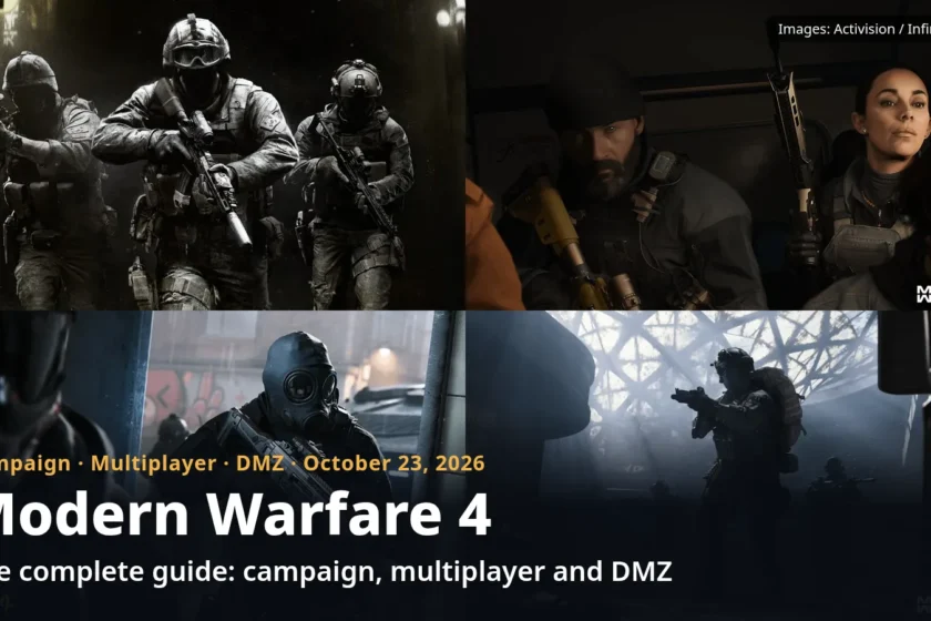 Collage of four official Modern Warfare 4 images: a squad of operators, Price and Valeria, an operator in a gas mask and a DMZ operator, with the title The complete guide