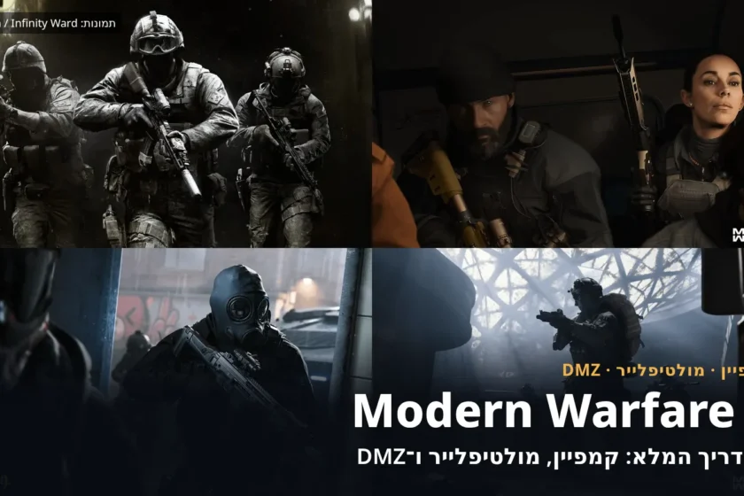 קולאז׳ של ארבע תמונות רשמיות מ־Modern Warfare 4: צוות לוחמים, פרייס ו־Valeria, לוחם עם מסכת גז ולוחם DMZ, עם הכותרת המדריך המלא