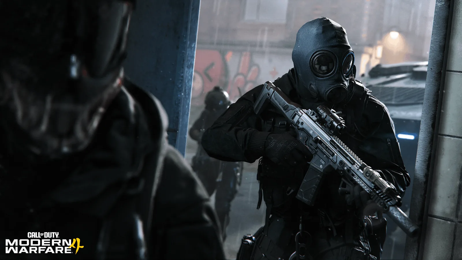 לוחם מולטיפלייר במסכה אוחז ברובה בתוך חדר פגוע.