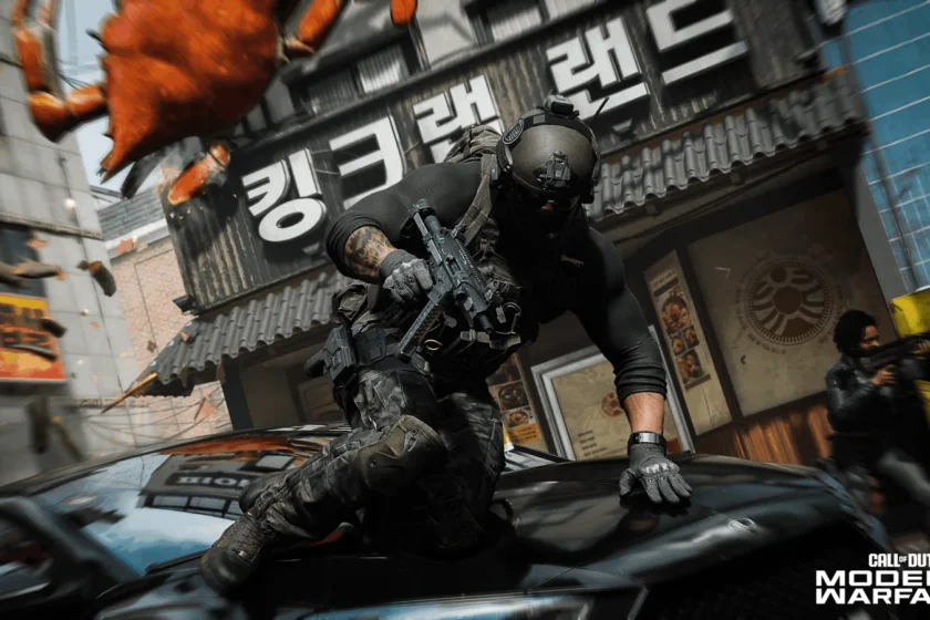 A multiplayer operator slides across a car beneath Korean street signs.