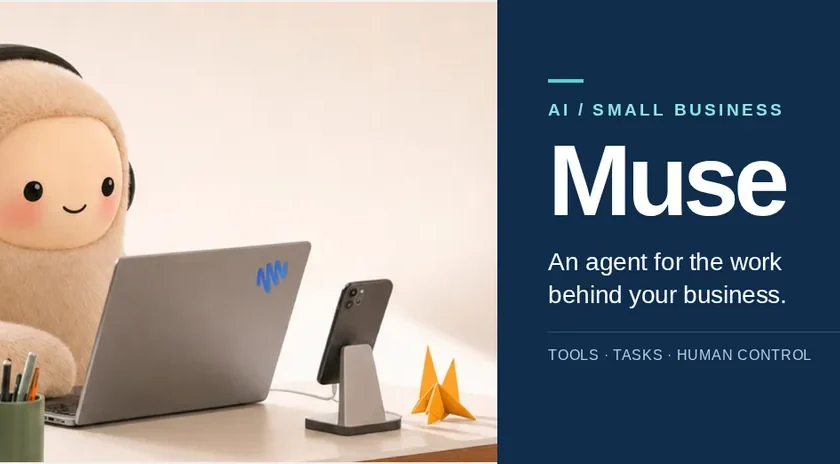 The character shown on the official Muse website, wearing headphones at a laptop, in a Maitz small-business review cover