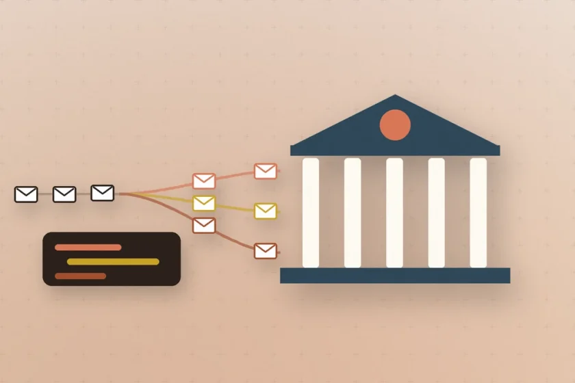 Illustration: email envelopes sorted into three colored lanes flowing into a classical bank building, beside a code card