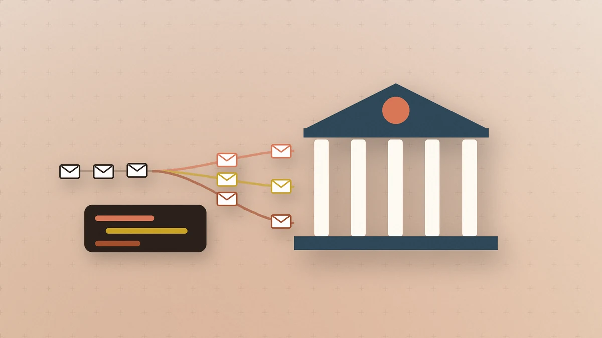 Illustration: email envelopes sorted into three colored lanes flowing into a classical bank building, beside a code card