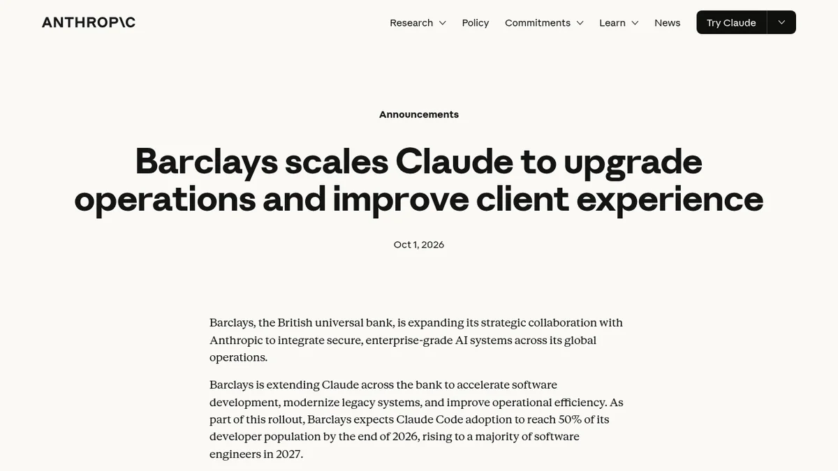 Screenshot of the Barclays scales Claude announcement in Anthropic's official newsroom