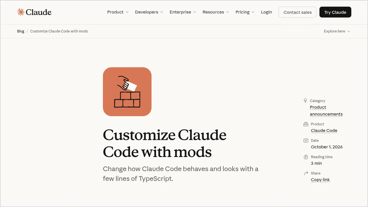 Screenshot of the Claude Code mods announcement on Anthropic's official Claude blog